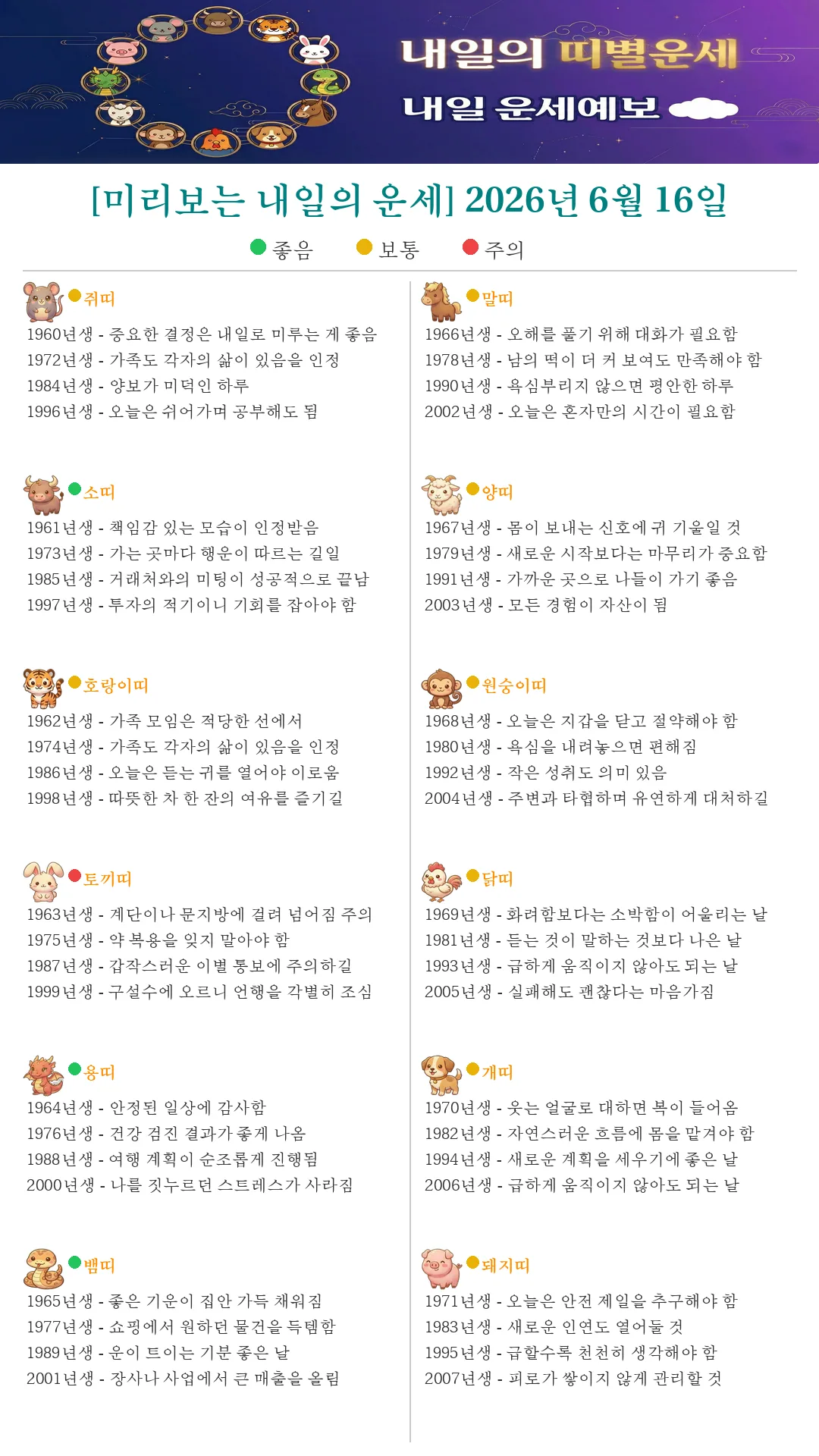 퇴근길 미리보는 내일의 띠별운세(2026.06.16)