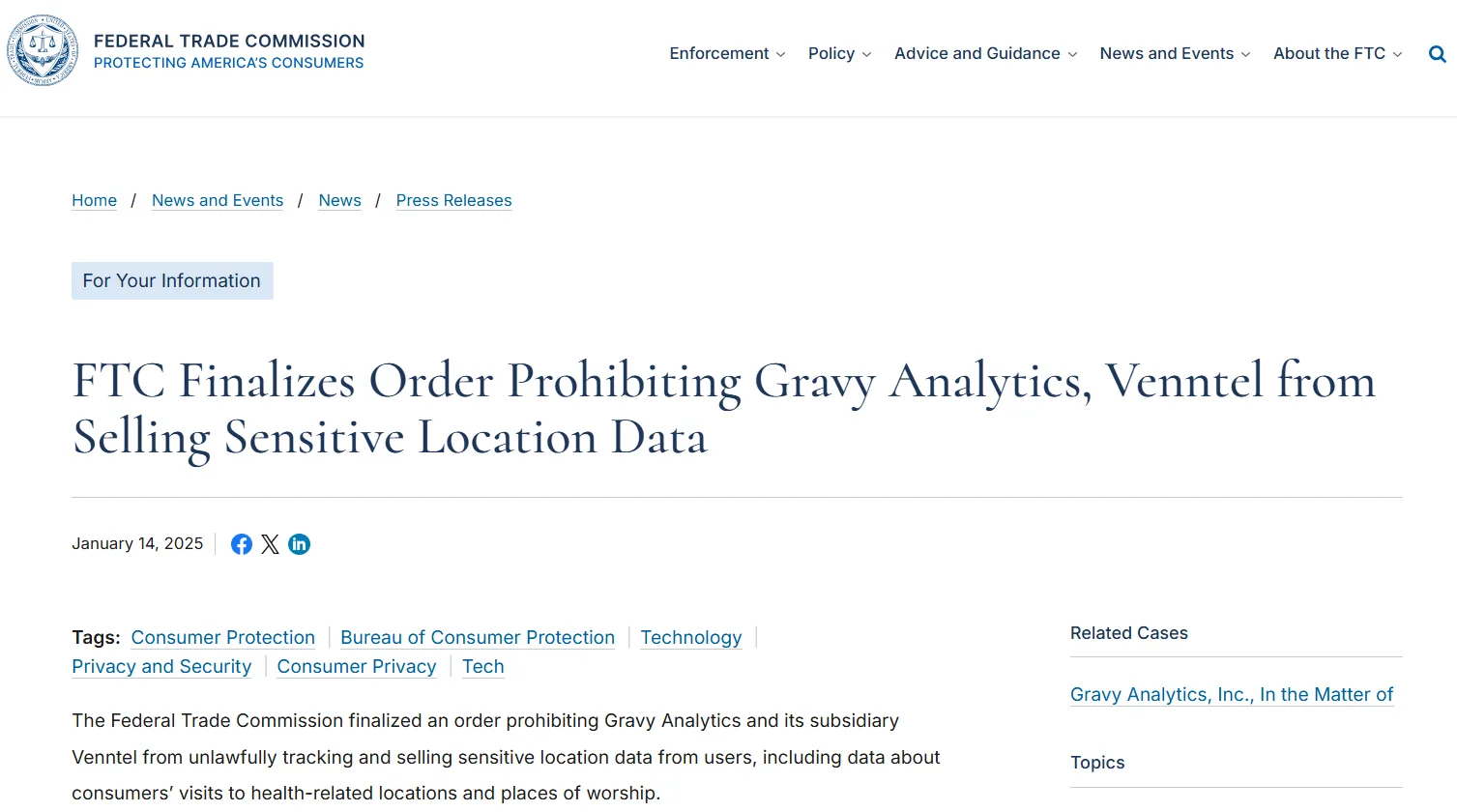 https://www.ftc.gov/news-events/news/press-releases/2025/01/ftc-finalizes-order-prohibiting-gravy-analytics-venntel-selling-sensitive-location-data