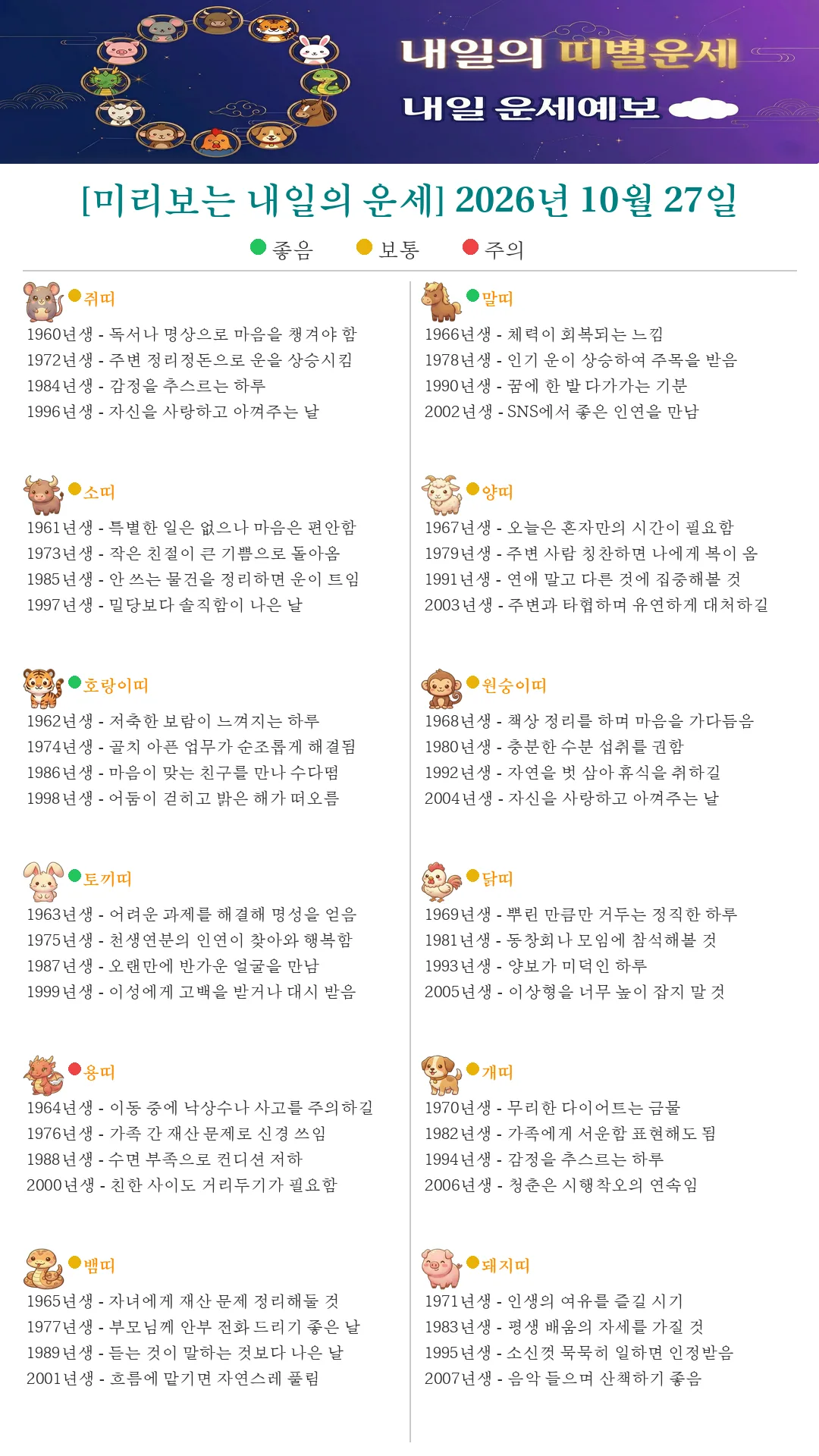 퇴근길 미리보는 내일의 띠별운세(2026.10.27)