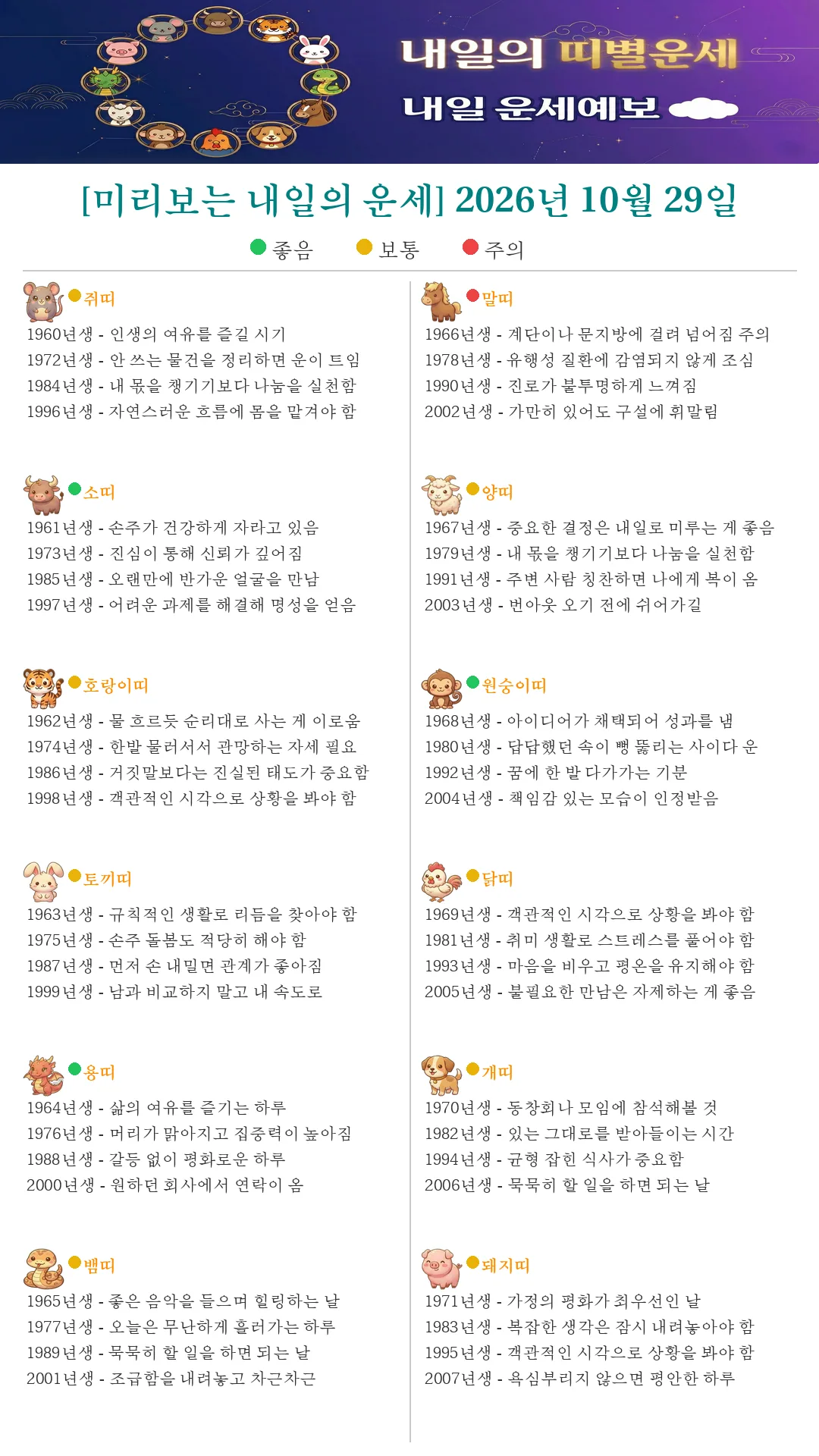 퇴근길 미리보는 내일의 띠별운세(2026.10.29)