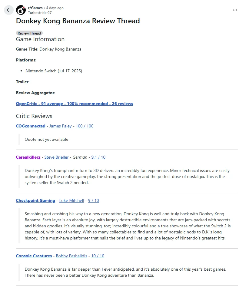 레딧의 동키콩 리뷰 쓰레드 : https://www.reddit.com/r/Games/comments/1m1aq7q/donkey_kong_bananza_review_thread/